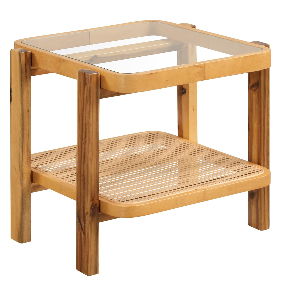 Goflame Rattan Side Table, Boho End Table for Living Room, Narrow Bedside Table with Tempered Glass Top