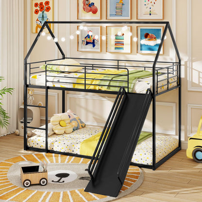 Goflame Twin Over Twin Bunk Bed with Slide & Ladder House-Shaped Metal Bunk Bed Frame with Safety Guardrail & Roof