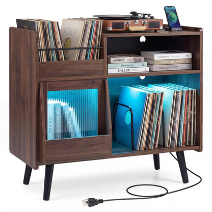 Goflame Record Player Stand with LED Light and Power Outlets Large Turntable Stand with Sliding Door