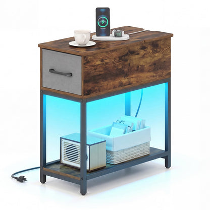 Goflame Narrow Side Table with Charging Station and LED Lights Industrial End Table