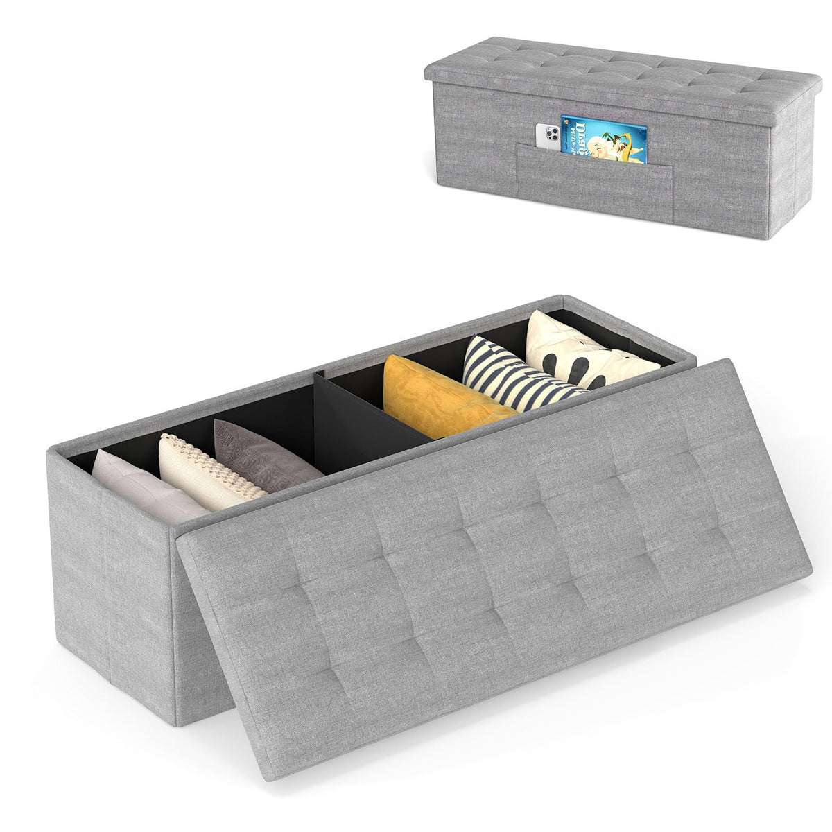 Goflame 43 Inches Folding Storage Ottoman Bench Upholstered Storage Chest with Side Pocket
