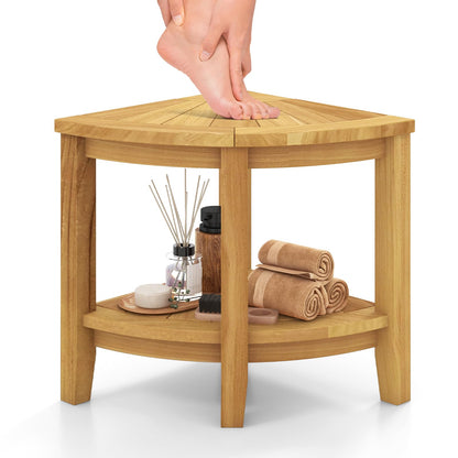 Goflame Corner Shower Stool - Teak Wood Shower Bench Seat with Storage Shelf for Shaving Legs