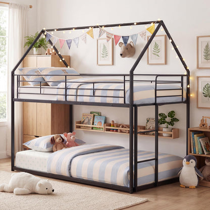 Goflame House-Shaped Twin Over Twin Metal Bunk Bed