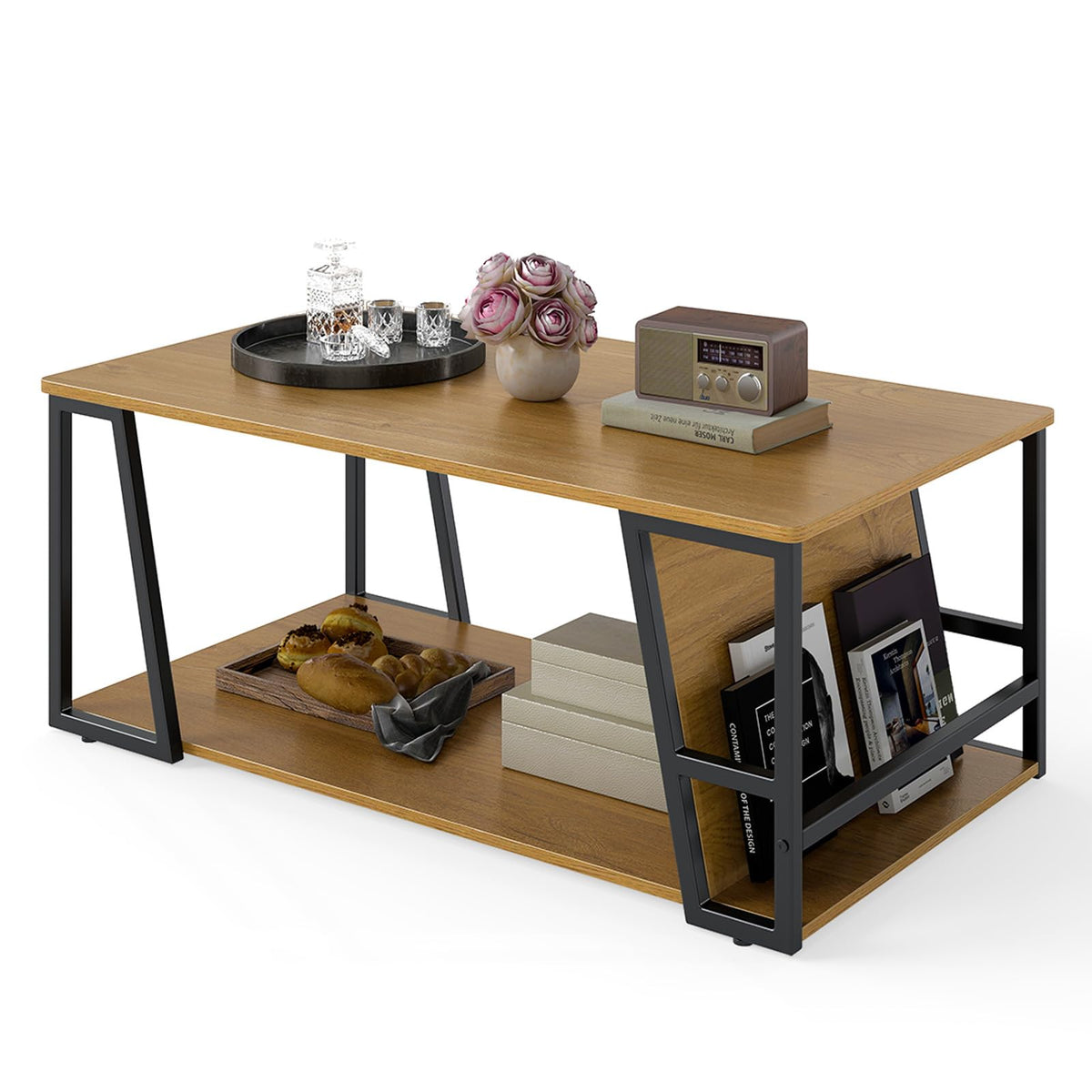 Goflame Rectangle Coffee Table 2-tier Industrial Accent Table with Storage Shelf and Compartment