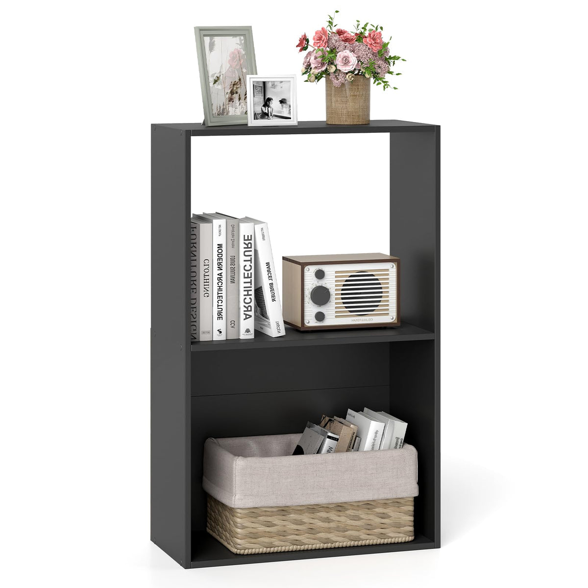 Goflame 3-Tier Bookshelf | 2-Cube Bookcase w/Open Storage Compartment (1/2)