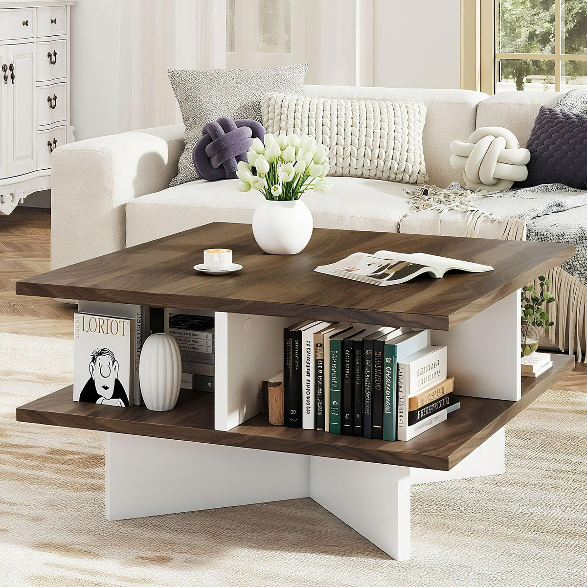 Goflame Square Coffee Table with Storage for Living Room