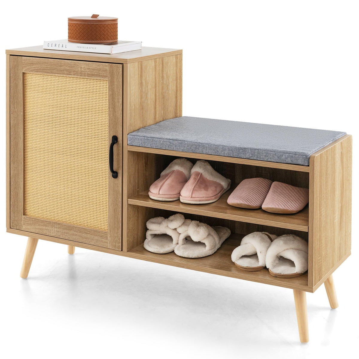 Goflame Shoe Cabinet with Shoe Bench - Rattan Shoe Storage Cabinet, Shoe Rack Organizer for 10-12 Pairs