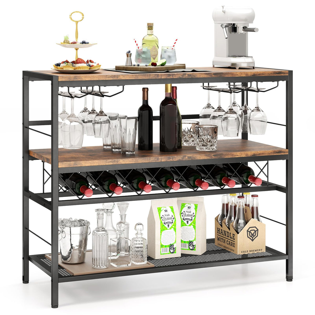 Goflame 4-Tier Wine Rack Table - 7-Bottle Wine Bar Cabinet w/ 4 Wine Racks & 16 Glasses Holder