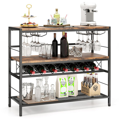 Goflame 4-Tier Wine Rack Table - 7-Bottle Wine Bar Cabinet w/ 4 Wine Racks & 16 Glasses Holder