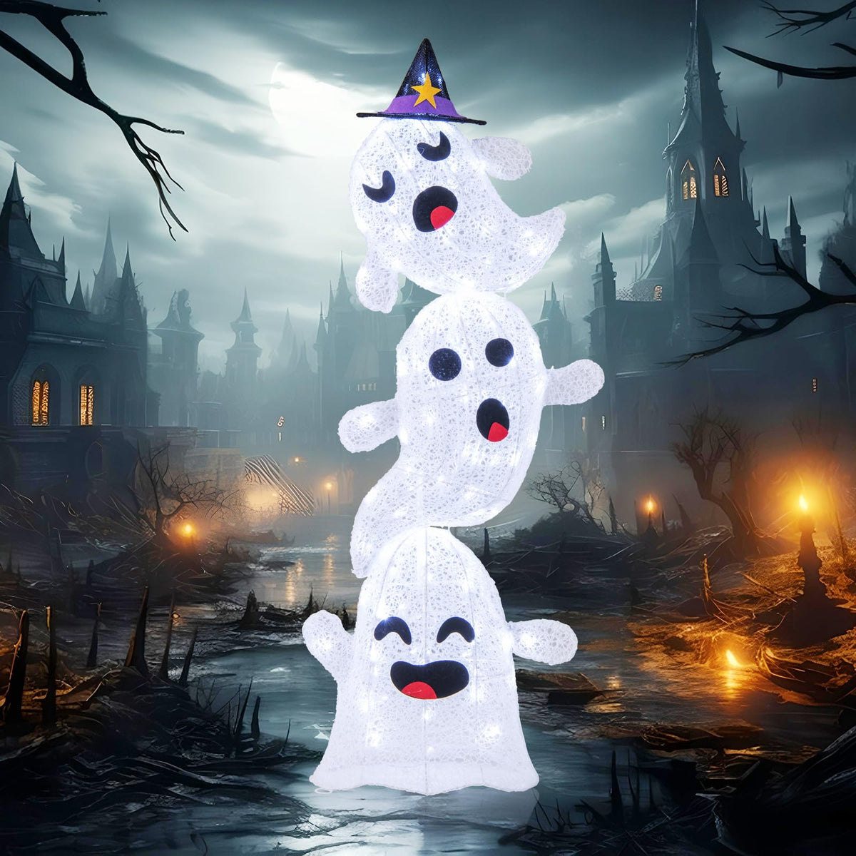 Goflame 4 Ft Halloween Decorations Outdoor Stacked Ghosts, Free-Standing Cute Yard Decorations