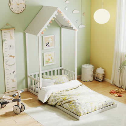 Goflame Twin Size House Bed Montessori Floor Bed with House Shape Roof & Semi-Fence