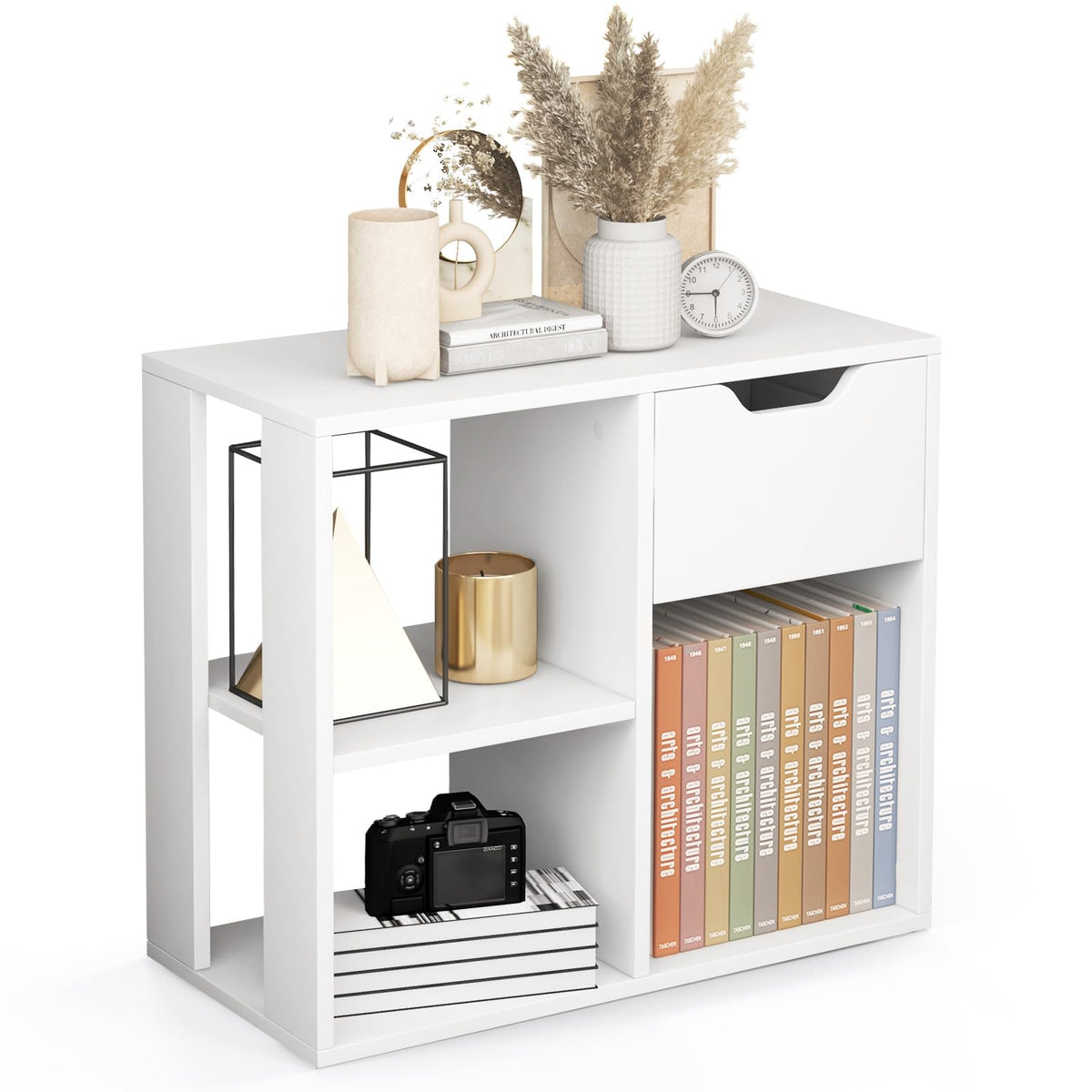 Goflame 3 Cube Bookcase with Drawer, 2 Tier Bookshelf for Small Space, Modern Freestandin