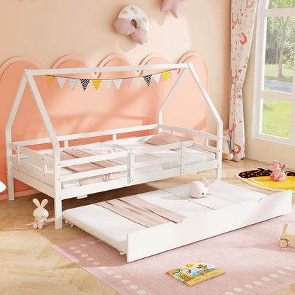 Goflame Twin House Bed with Trundle, Wood Kids Bed Frame with Roof & Fence Rails