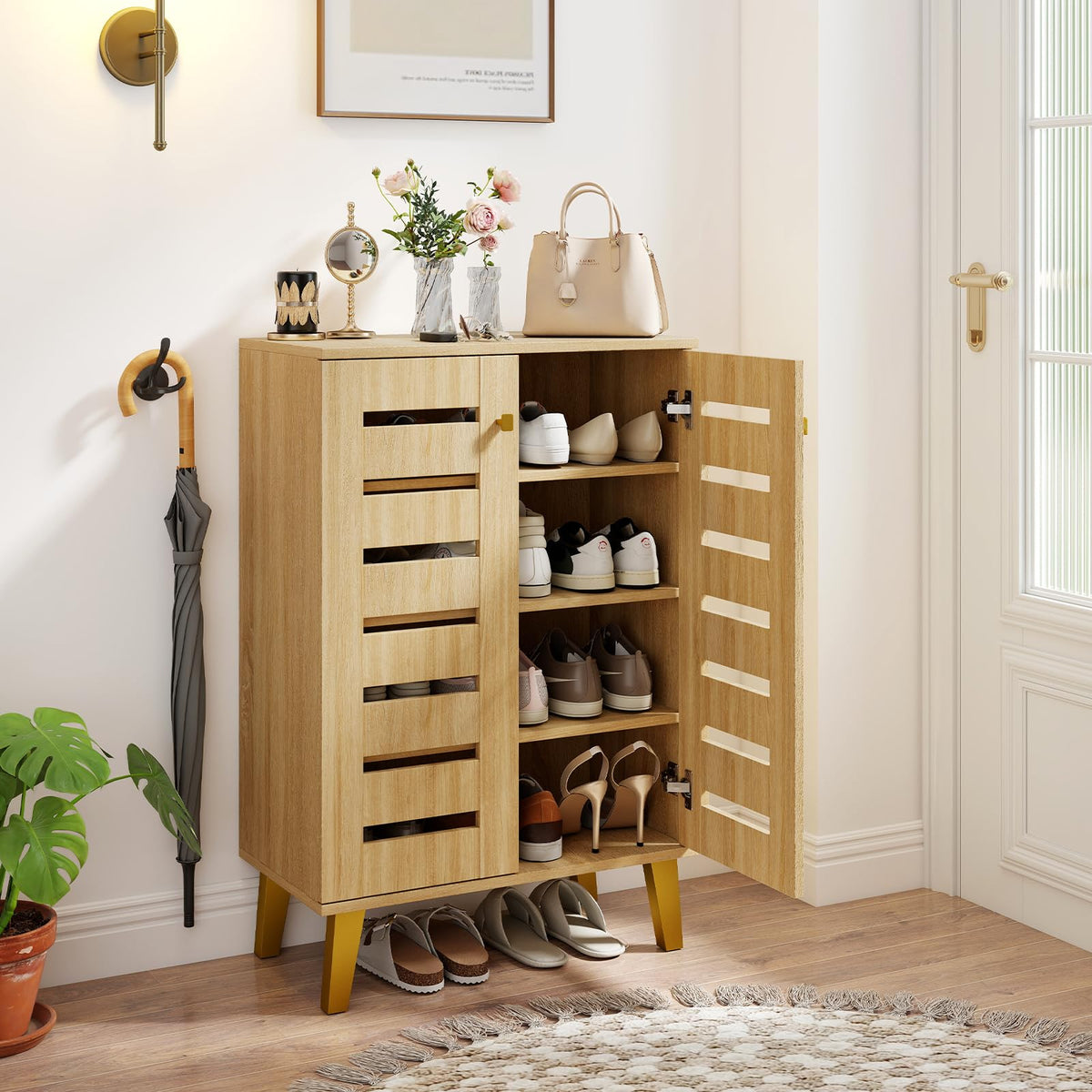 Goflame Shoe Cabinet with Doors 4-Tier Freestanding Shoe Organizer Cabinet