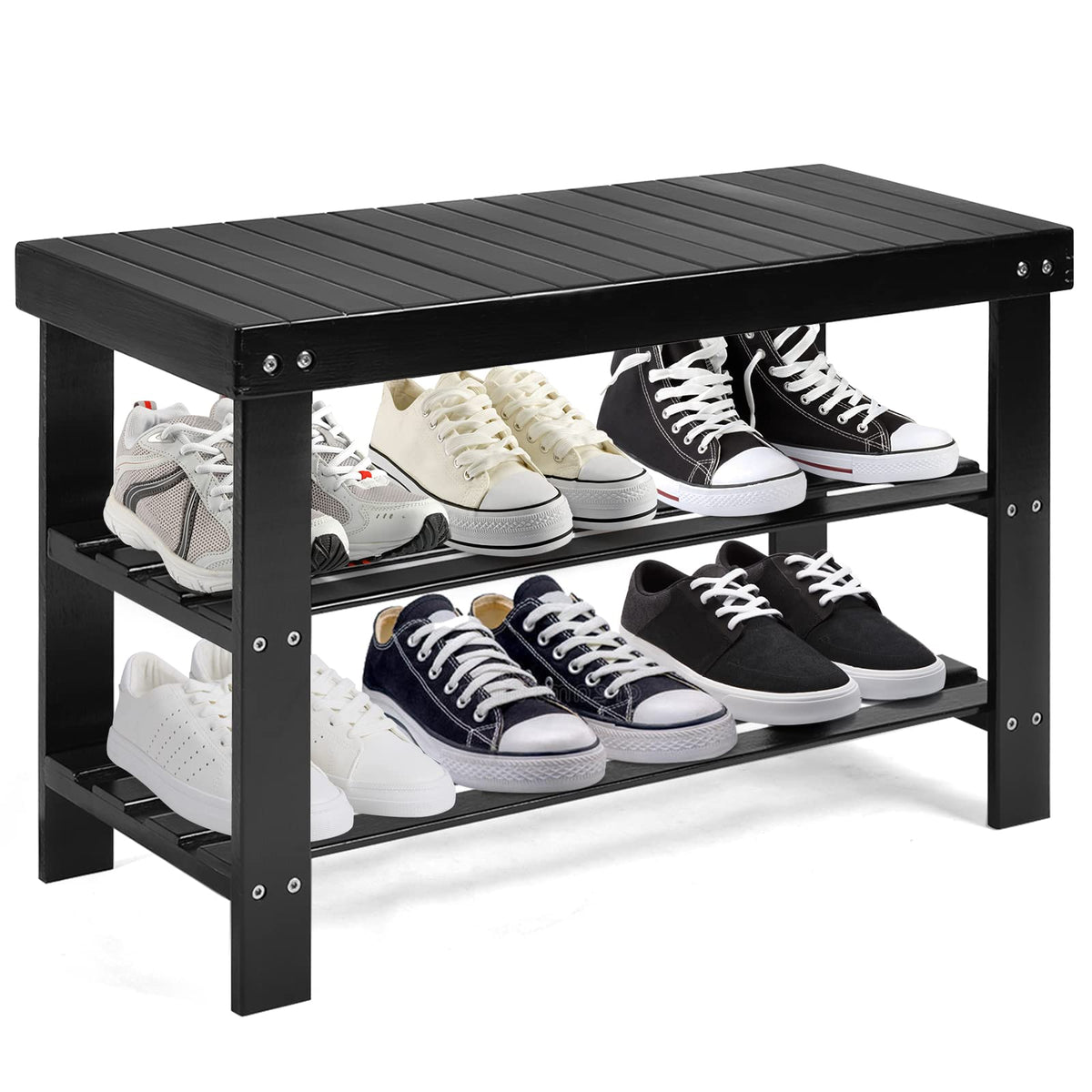Goflame Entryway Shoe Bench, Bamboo Shoe Shelf Organizer Holds up to 6 Pairs