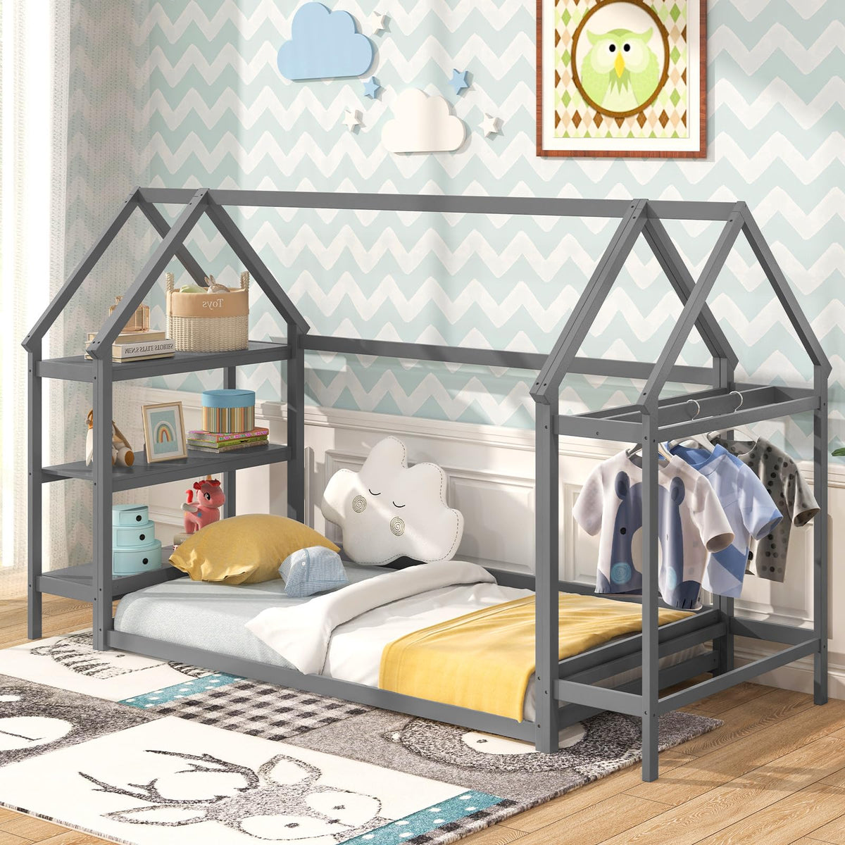 Goflame Twin Floor Bed, Wood Montessori Floor Bed with Detachable 3 Tier Storage Bookshelf & Clothes Rack