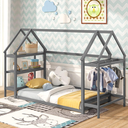 Goflame Twin Floor Bed, Wood Montessori Floor Bed with Detachable 3 Tier Storage Bookshelf & Clothes Rack