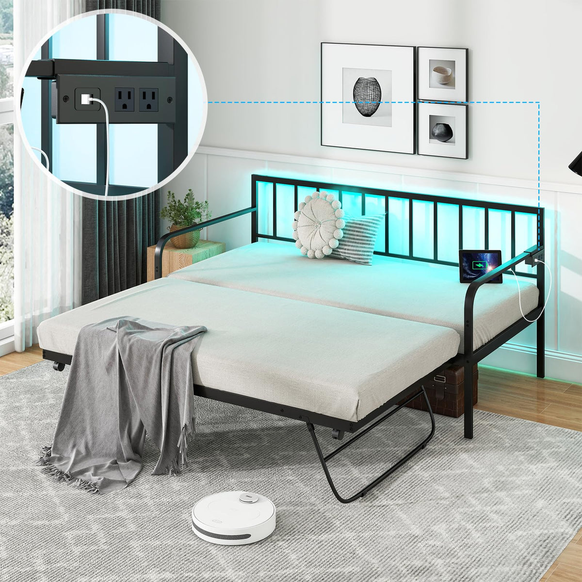 Goflame Twin Daybed with Trundle, Metal Day Bed with Charging Station & LED Lights