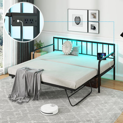Goflame Twin Daybed with Trundle, Metal Day Bed with Charging Station & LED Lights