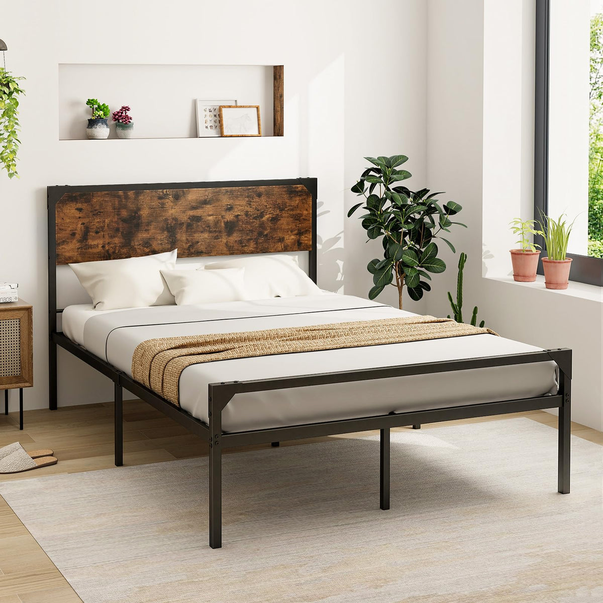 Goflame Full Size Bed Frame with Rustic Headboard & Footboard, Strong Metal Slat Support Mattress Foundation