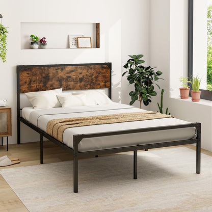 Goflame Full Size Bed Frame with Rustic Headboard & Footboard, Strong Metal Slat Support Mattress Foundation