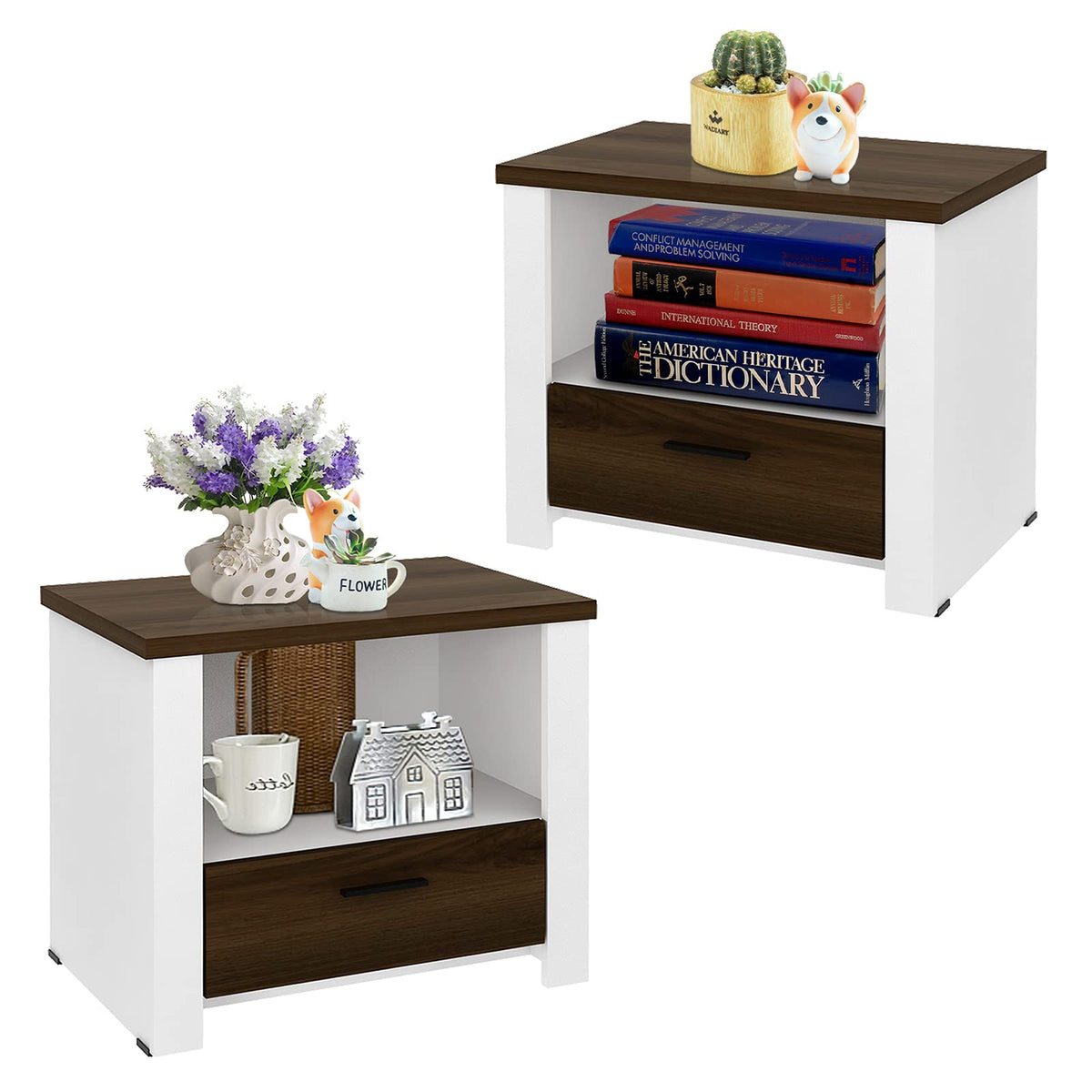 Goflame Nightstand, End Table with Glide Sliding Drawer & Open Cabinet, Modern Sofa Side Table for Living Room