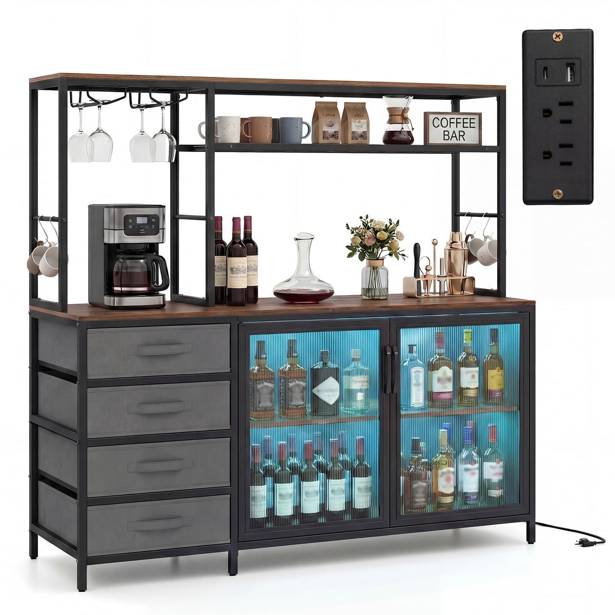 Goflame Tall Wine Bar Cabinet with LED Lights for Kitchen