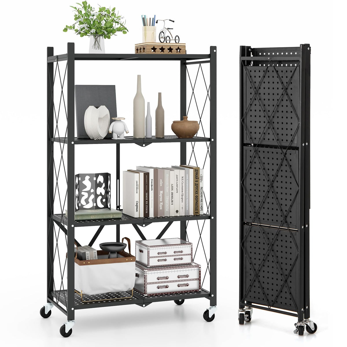 Goflame 4-Tier Foldable Storage Shelf, Collapsible Shelving Unit Display with Lockable Wheels