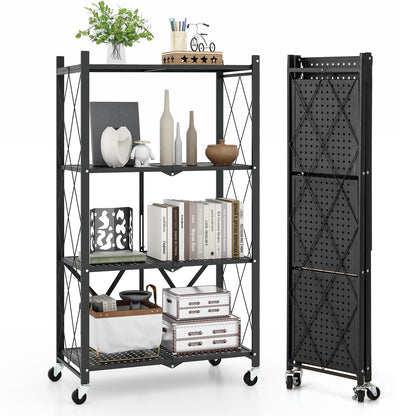 Goflame 4-Tier Foldable Storage Shelf, Collapsible Shelving Unit Display with Lockable Wheels