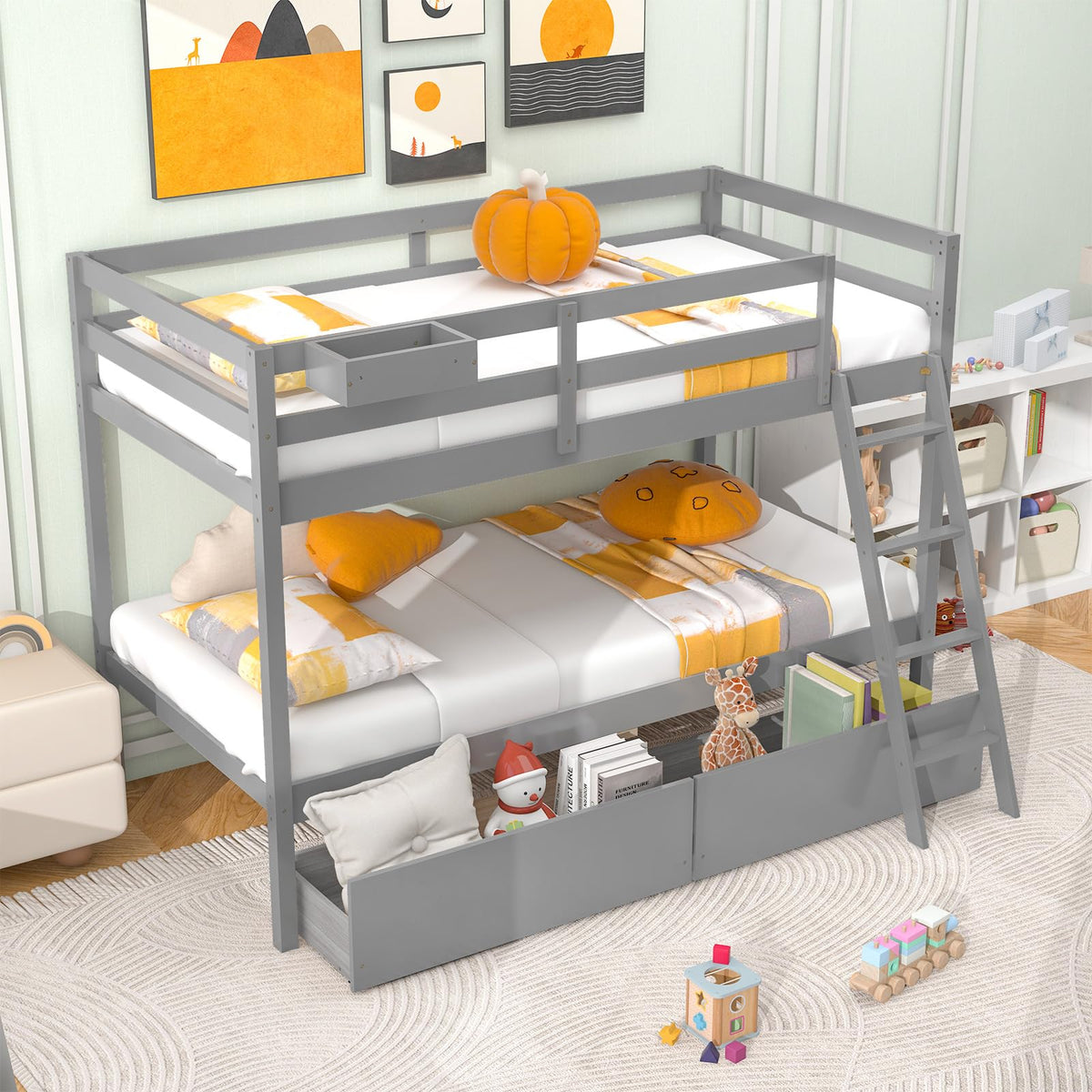 Goflame Bunk Bed Twin Over Twin with 2 Storage Drawers