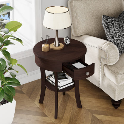 Goflame Round End Table with Drawer, 2-Tier Wood Side Table w/Open Shelf