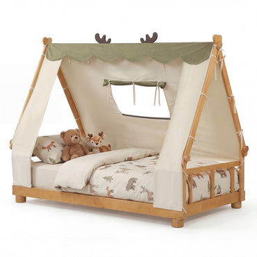 Goflame Twin Size House Floor Wood Bed with Tent