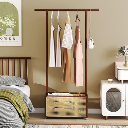 Goflame Bamboo Clothes Rack 2-In-1 Clothing Hanging Rail for Hallway Living Room Bedroom
