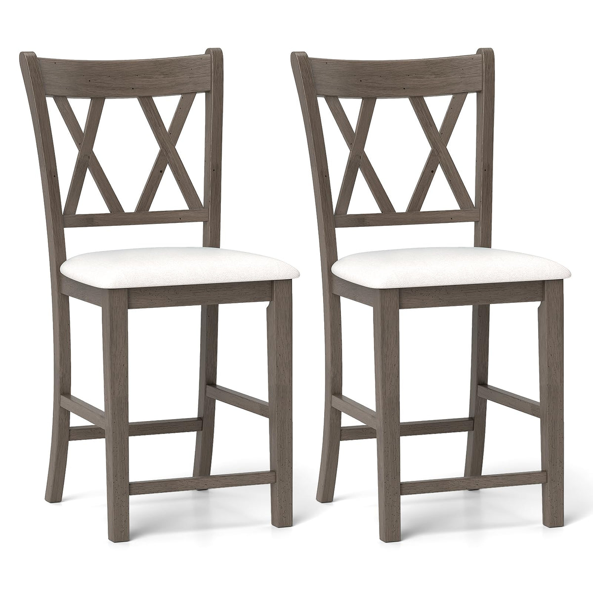 Goflame Wood Bar Stools Set of 2/4, 24" Counter Height Bar Stools w/Cross Back & Linen Fabric Upholstered Seat