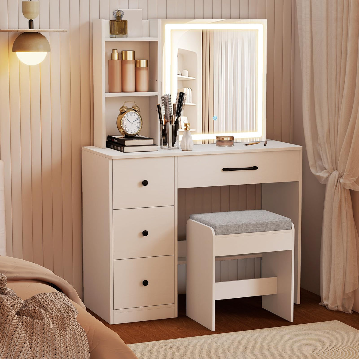 Makeup Vanity Desk with Sliding Mirror Cabinet, 38” Compact Vanity Table with Cushioned Stool
