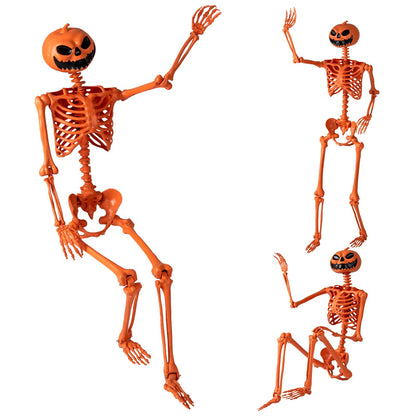 Goflame 5.2 Ft Life-Size Posable Skeleton with Pumpkin Head Halloween Orange Skeleton Decoration