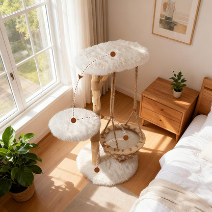 48.5" Solid Wood Cat Tree, Natural Branch Modern Kitten Tower w/ Hanging Cradle, Jute Scratching Post, Perch, Padded Platform, Soft Plush, Luxury Condo, 4-Tier Indoor Cat Climbing Furniture