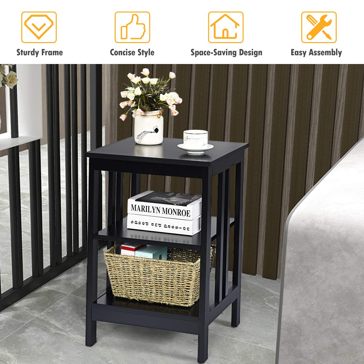 Goflame Nightstand 3-Tier Sofa Side Table W/Reinforced Bars and Stable Structure