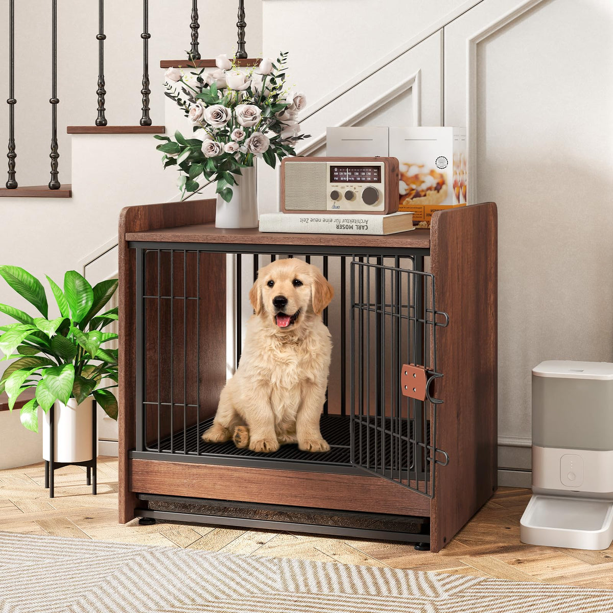 Goflame Dog Crate End Table - Wooden Dog Kennel Furniture with Removable Pull-Out Tray