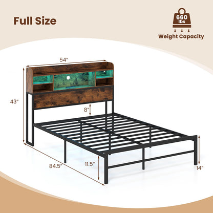 Goflame Full Size Industrial Metal Bed Frame with LED Lights & Charging Station