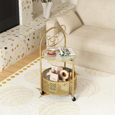 Goflame Mobile Glass Coffee Table, 2-Tier Round End Table with Bear Pattern, Storage Basket, Metal Frame