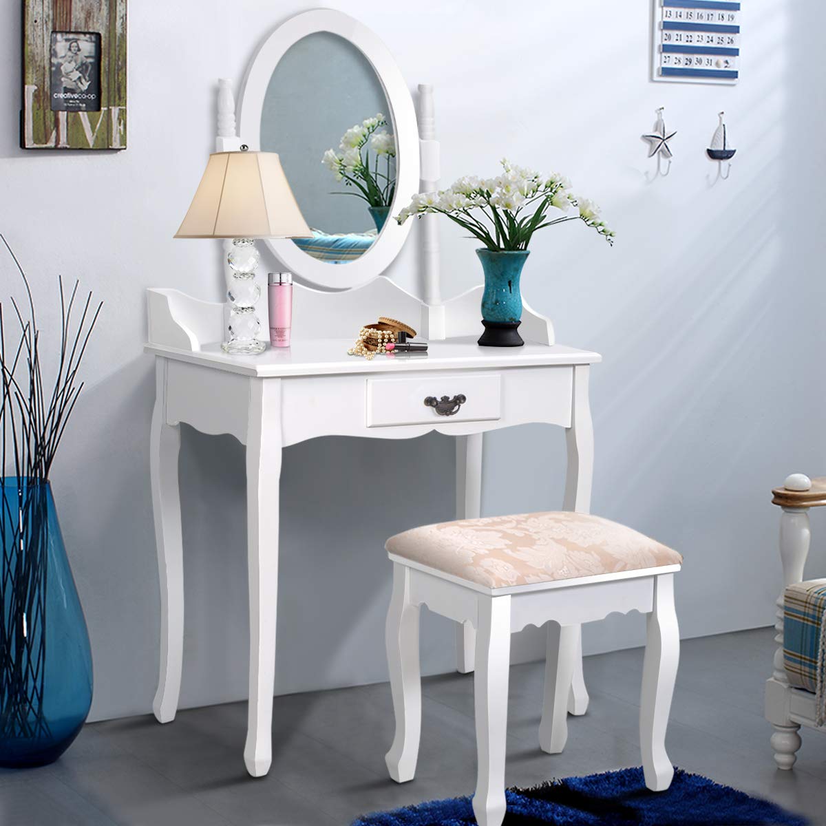 Vanity Table Set with Oval Mirror and Soft Cushioned Stool, Sturdy Wood Dressing Table with Drawers Storage Shelf