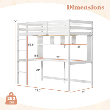 Goflame Solid Wood Twin Loft Bed with Desk and Bookcase