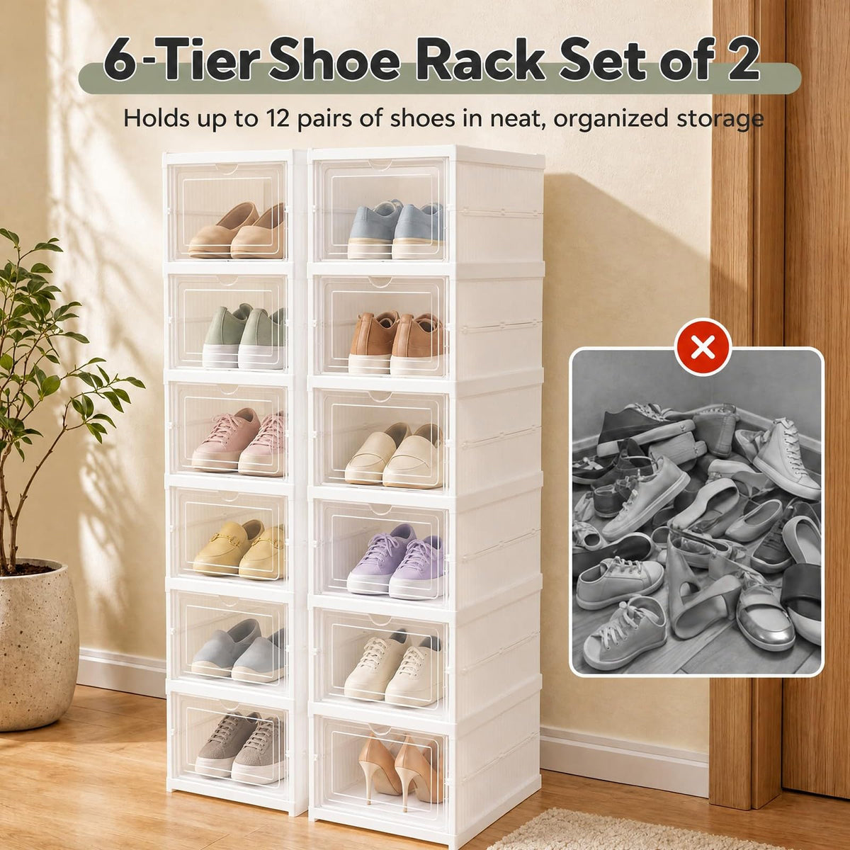 GOFLAME 6-Tier Foldable Shoe Storage Box| Stackable Space-Saving Shoe Rack Organizer Set of 2