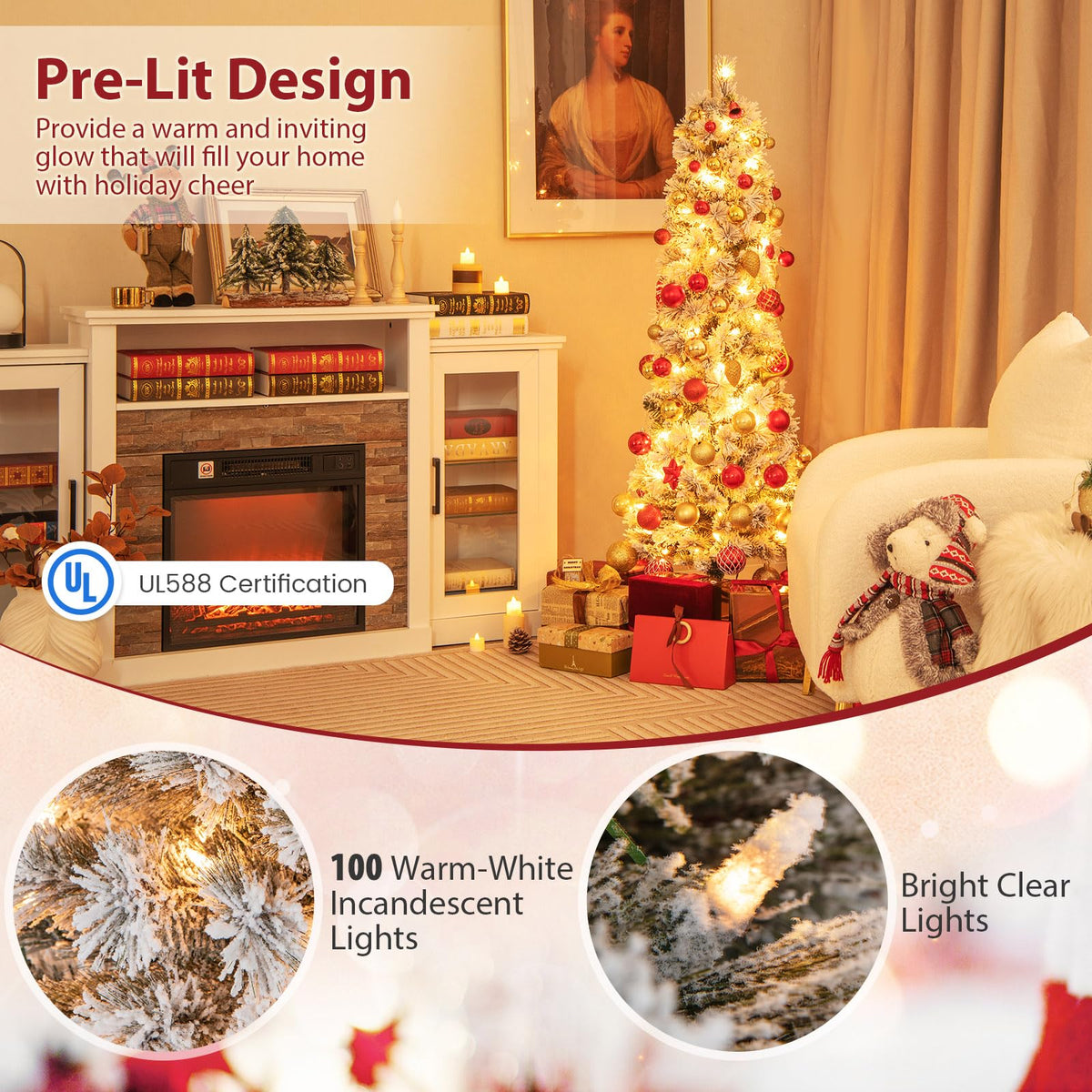 Goflame Pre-Lit Snow Flocked Pencil Christmas Tree for Home Office Holiday Decor