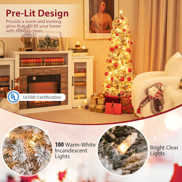 Goflame Pre-Lit Snow Flocked Pencil Christmas Tree for Home Office Holiday Decor