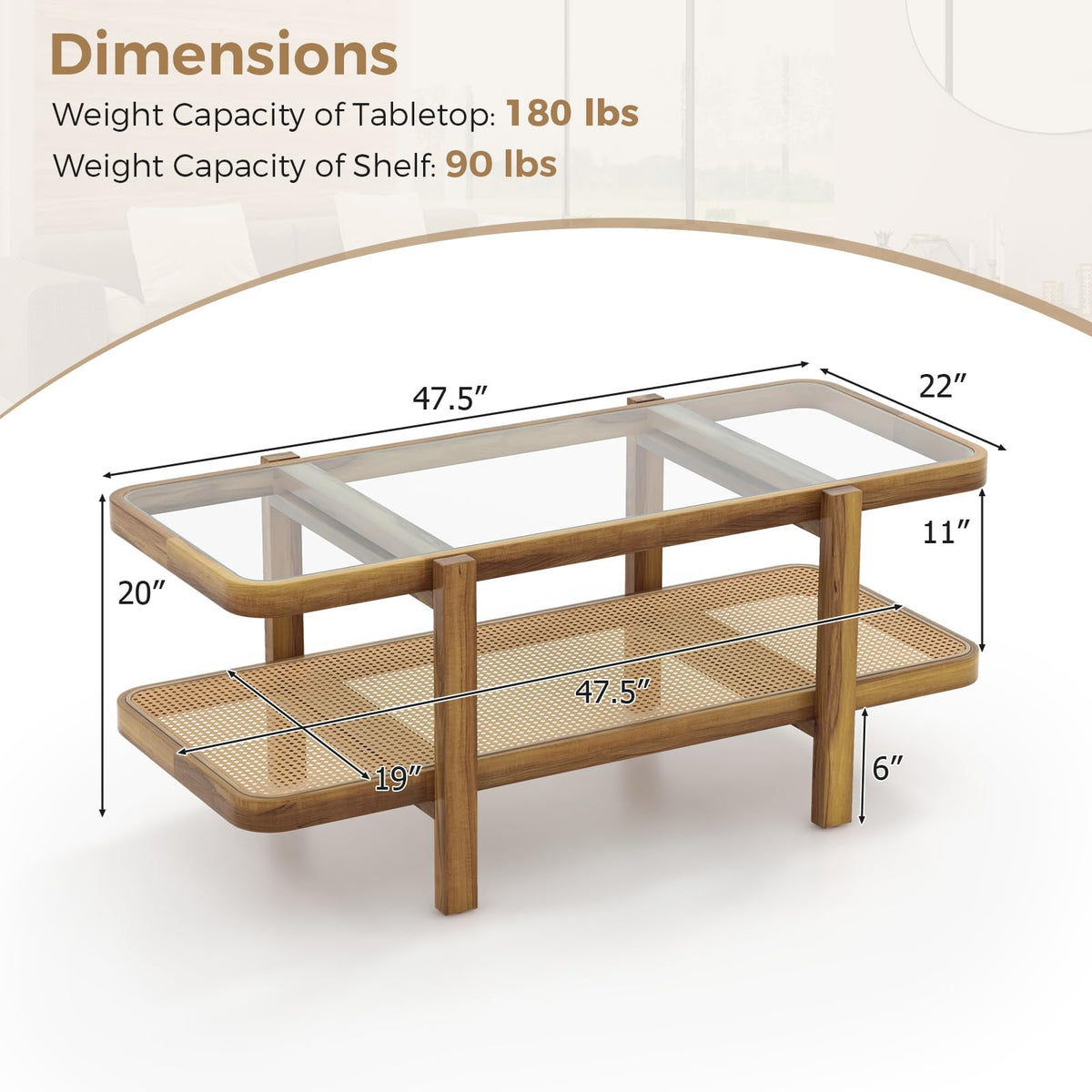 Goflame Rattan Coffee Table, 47.5" Rectangle Solid Wood Tea Table w/Tempered Glass Tabletop