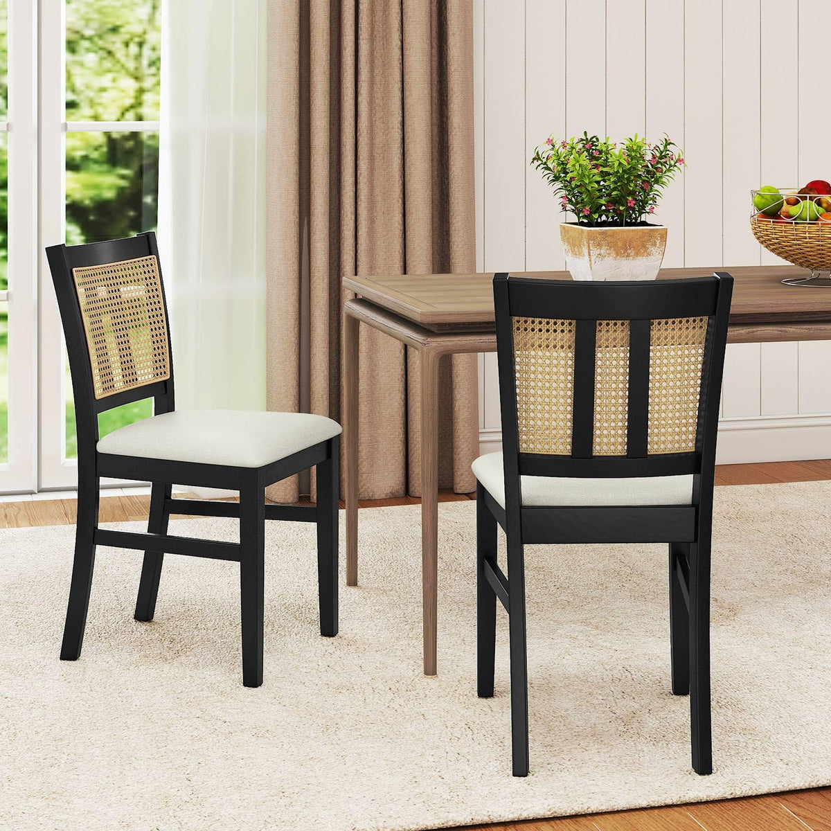 Goflame Rattan Dining Chairs Set of 2/4 Farmhouse Fabric Upholstered Kitchen Chairs with Rubber Wood Legs