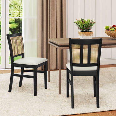 Goflame Rattan Dining Chairs Set of 2/4 Farmhouse Fabric Upholstered Kitchen Chairs with Rubber Wood Legs