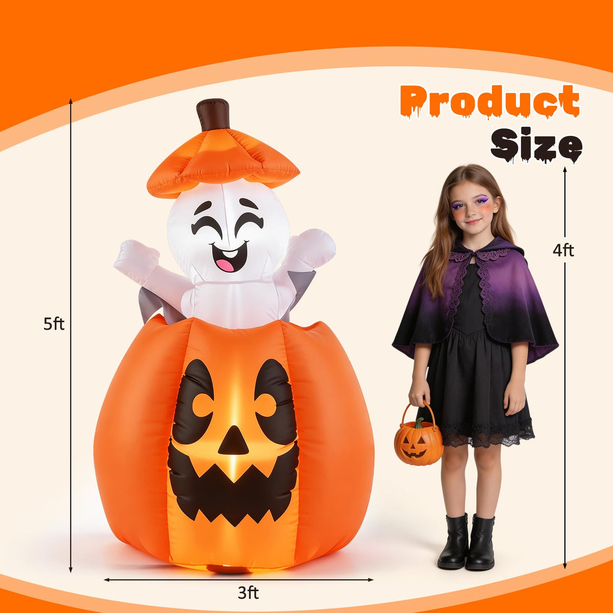 5 FT/150 CM Animated Halloween Inflatable Pumpkin and Rising Ghost